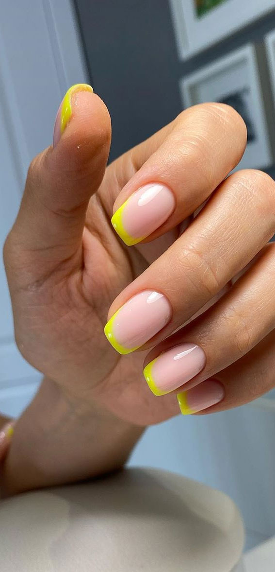 25 Cute Coloured French Tip Nail Ideas : Pastel Yellow Tip Nails | Acrylic  nails yellow, Yellow nails, Colored french nails