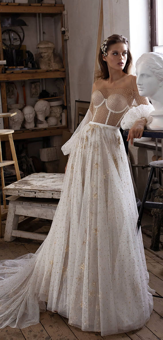 off the shoulder wedding dress, ball wedding gown, floral wedding dress