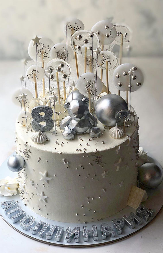 winter birthday cake, white birthday cake, 8th birthday cake, 8 years old birthday cake