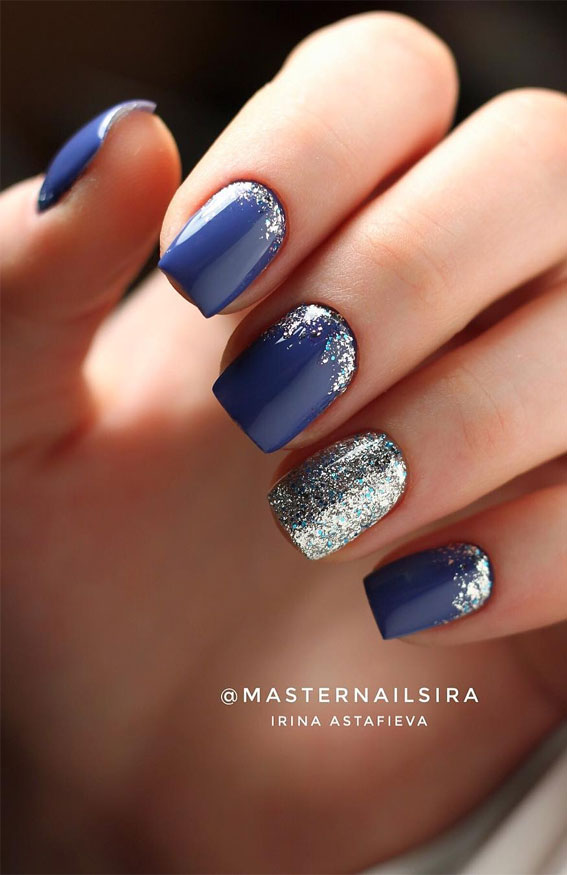 navy and silver nails, dark nail ideas, elegant nails, dark blue and silver nail art design #darknails