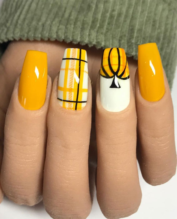 yellow plaid nails, plaid acrylic nails, plaid nail designs, autumn nails with plaid, fall plaid nail designs, autumn nails, fall nails, autumn nail ideas