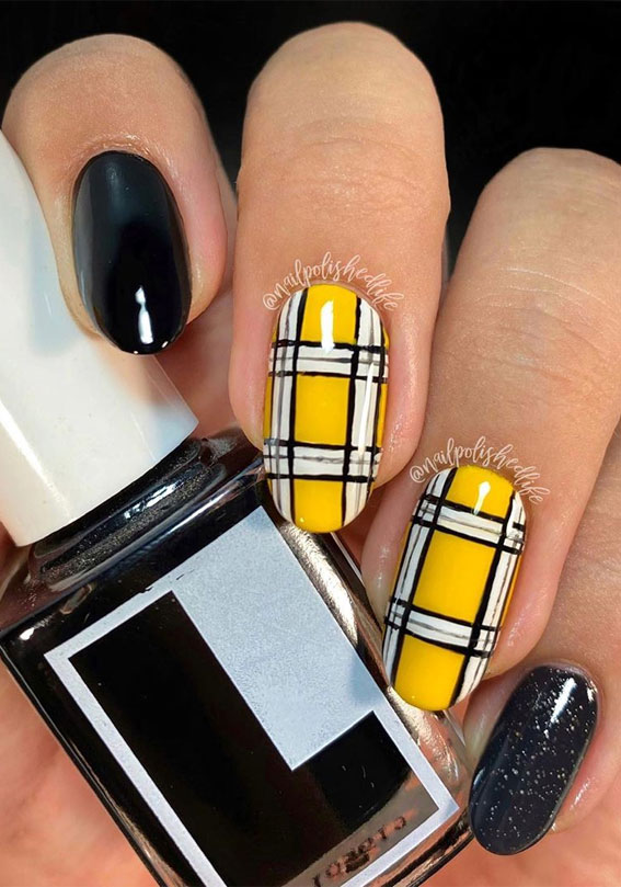 black and yellow plaid nails, plaid acrylic nails, plaid nail designs, autumn nails with plaid, fall plaid nail designs, autumn nails, fall nails, autumn nail ideas