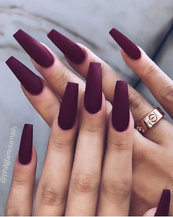 Matte Burgundy Nails with Gold Jewellery | girlterestmag