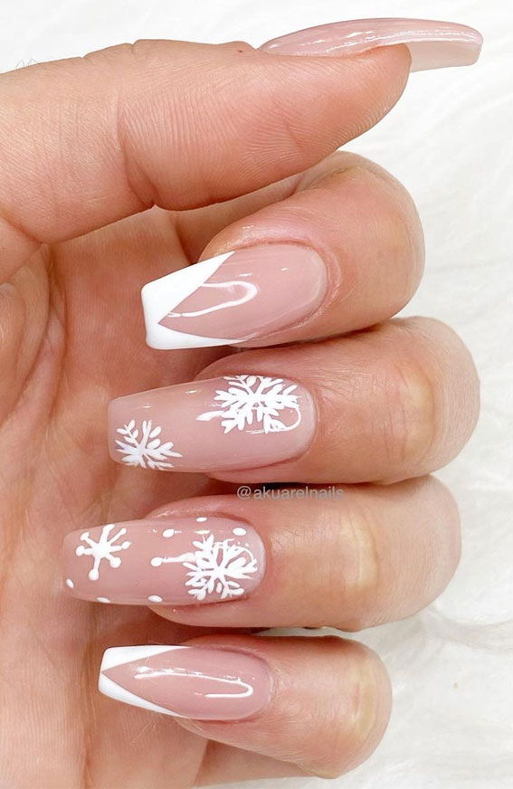 snowflake nails, pink nails, nude pink winter nails, nail ideas, winter nails