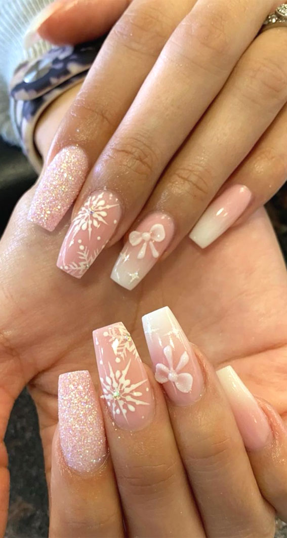 snowflake nails, pink nails, nude pink winter nails, nail ideas, winter nails