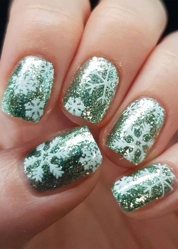green glitter nails, snow flake nails, winter nails, christmas nails