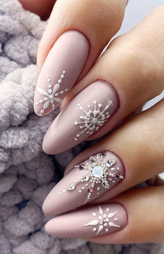 glam winter nails, snowflake nails, pink nails, nude pink winter nails, nail ideas, winter nails