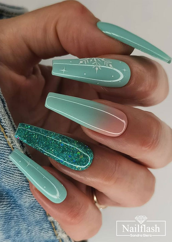 ombre blue green winter nails, glitter ombre nails, winter nails design, winter nail ideas, winter nail design, winter nails design