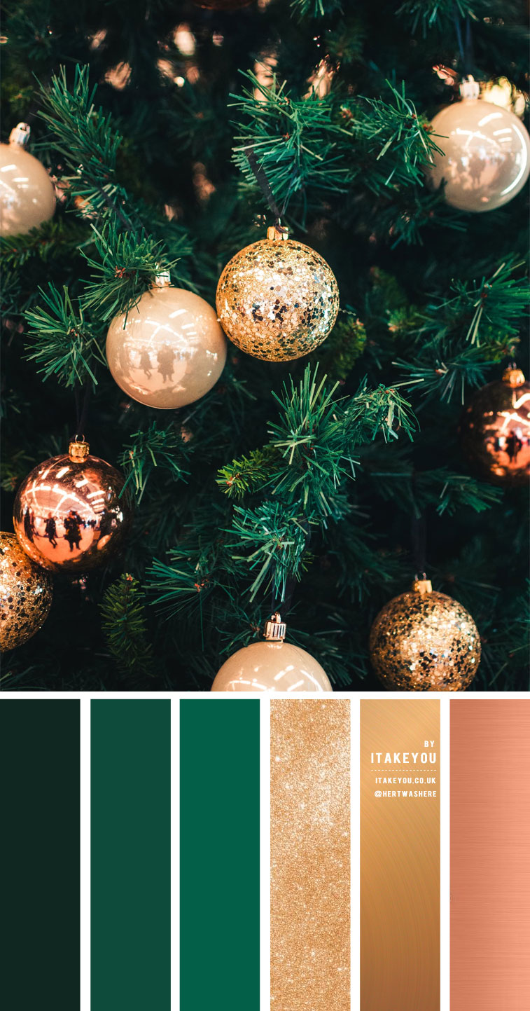 green gold copper color palette, copper green gold colour scheme, dark green copper glitter holiday colour combo, holiday colour combo, holiday color scheme #wintercolor #colorpalette #colorcombo #colorscheme