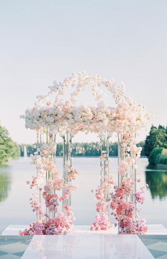 pink wedding ceremony ideas, pink wedding ideas, pink floral arch, pink flower arch, pink wedding theme