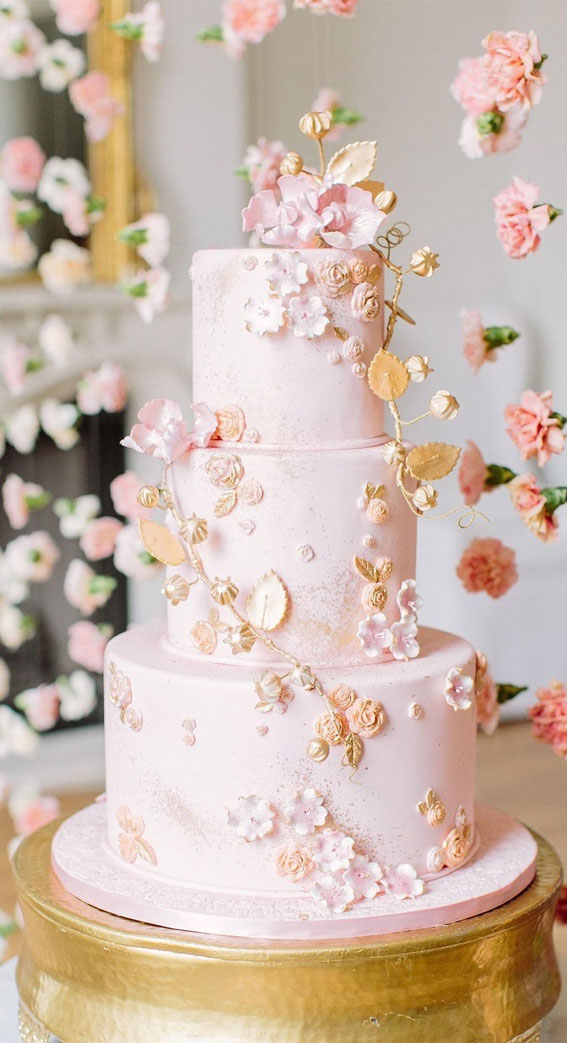 pink and gold wedding cake, pink wedding cake, pink wedding theme