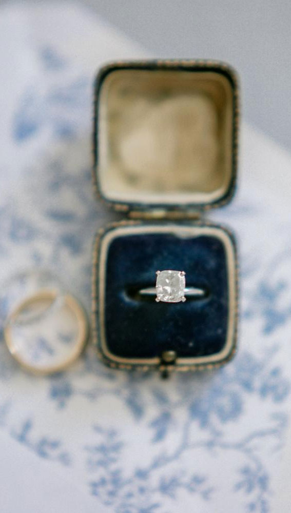 princess cut engagement ring, blue ring box