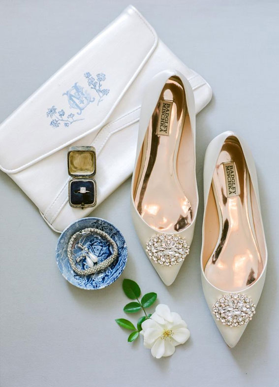 wedding shoes, monogram bridal clutch, blue wedding ideas