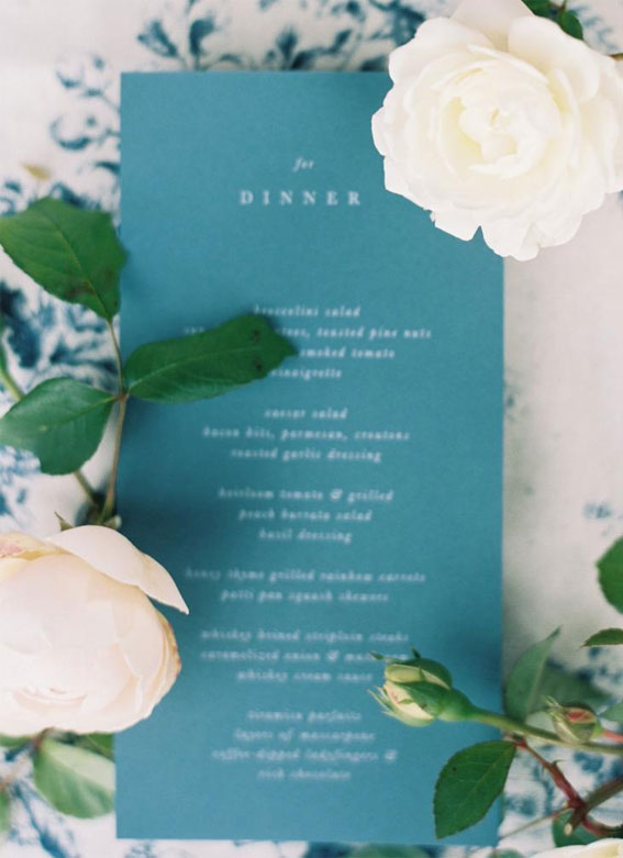 blue wedding menu, blue wedding ideas