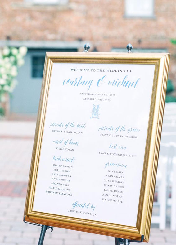 blue written on gold frame, wedding sign