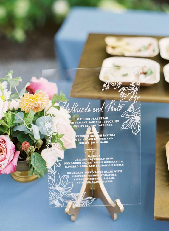 glass wedding menu, wedding menu ideas, wedding menu sign