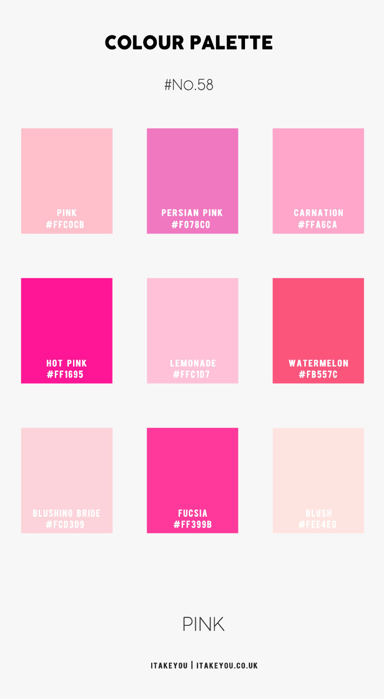 pink colour names, pink shades names, pink color names, pink color hex, pink tones, pink hues, what are the different pink colors