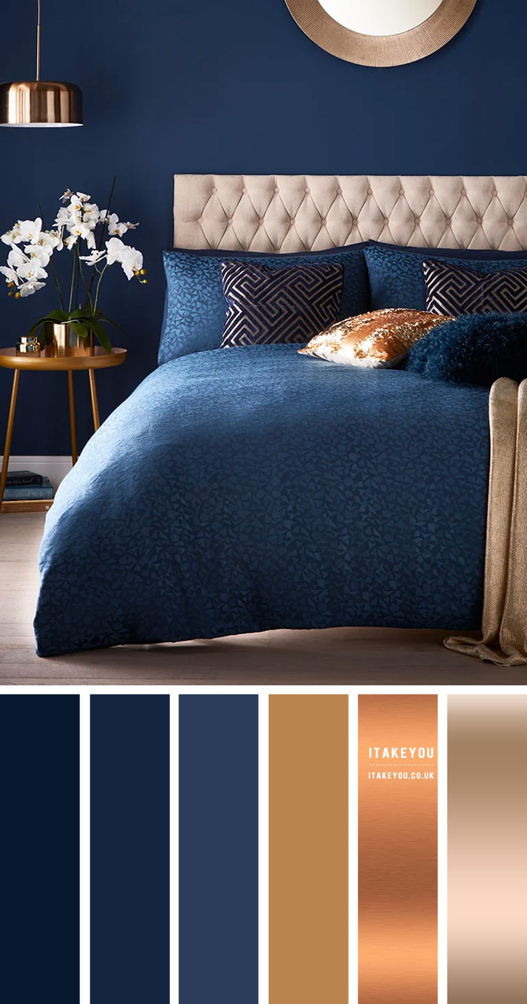Navy Blue Bedroom With Copper Gold And Tan Accent Colours
