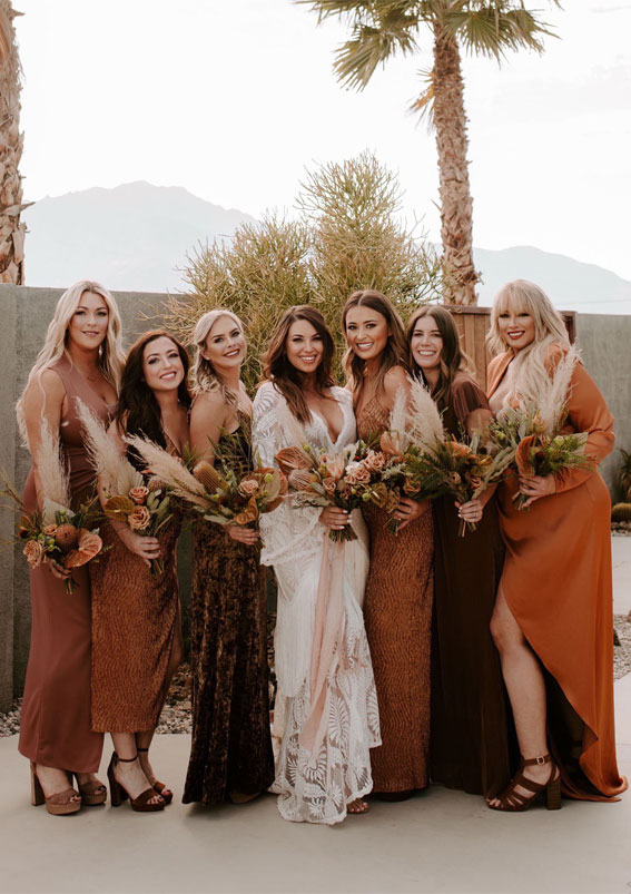 bride and bridesmaid dresses, earth tone bridesmaid dresses