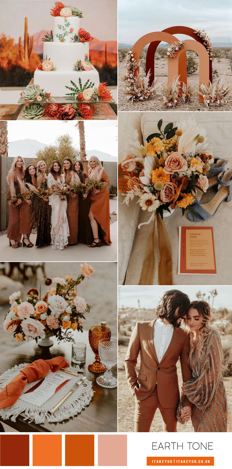 earth tone wedding decor, terracotta wedding, rust wedding , rust and brown wedding, earth tone bridesmaid dresses, rust bridesmaid dresses, earthy wedding color schemes, earth tone colors, fall wedding colors, wedding color chart, autumn wedding colors, wedding colours 2021