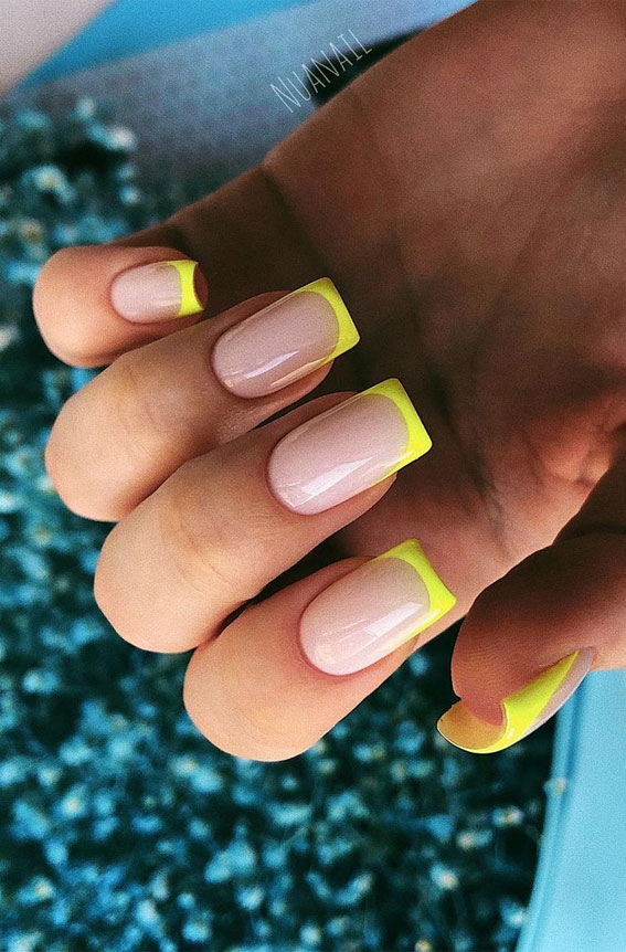 bright neon yellow french tips, french tip nails with color, french tip nails with design, french tip nails designs, french manicure, colored french tip acrylic nails, french manicure ideas 2021, french tip nail designs for short nails, french tip nails 2021, french tip nails ideas, french tip nails design, french tip nails designs, french manicure designs with color