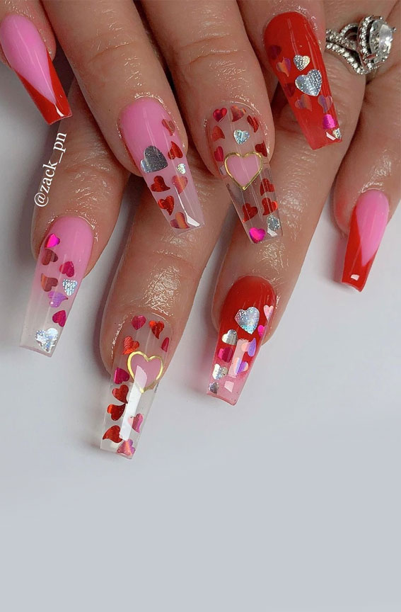 mix valentines day nails, pink and red valentines day nails, valentines day nail ideas