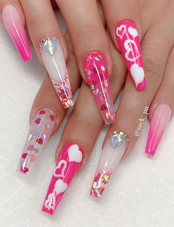 pink valentines day nails, ombre pink nails, transparent nails with pink love hearts, pink nails with white heart
