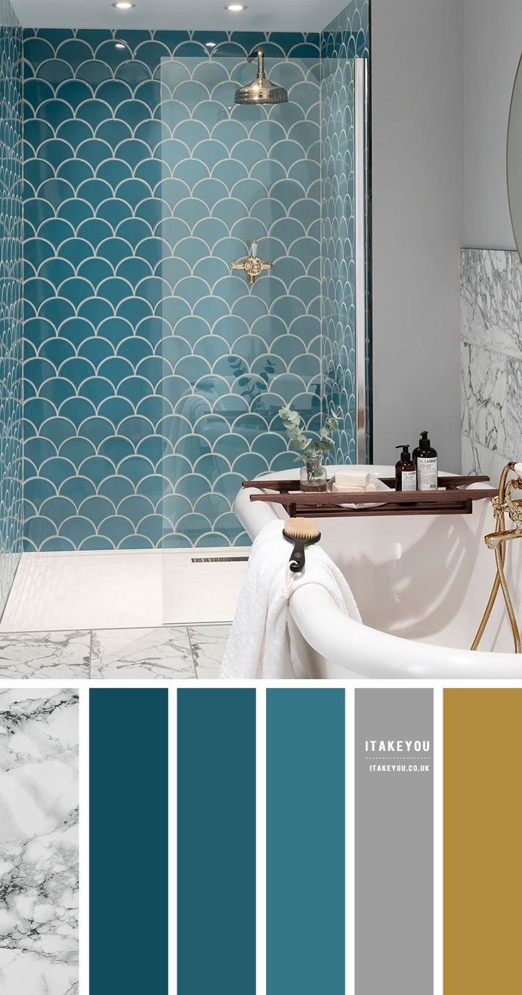 emerald and grey colour scheme , emerald and grey bathroom, teal and grey bathroom, scallop bathroom tiles, emerald and white bathroom ideas, emerald and white colour scheme