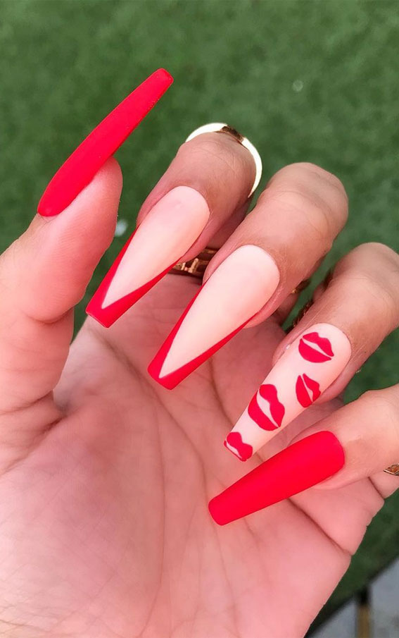 valentine's day nail ideas, long coffin french nails, french nail tips long, valentines french nails, red lips nails