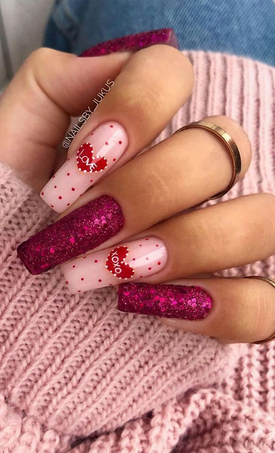 valentine's day nail ideas, glitter nails, glitter nail art designs 2021, valentines nails with glitter, glitter valentine's nails 2021