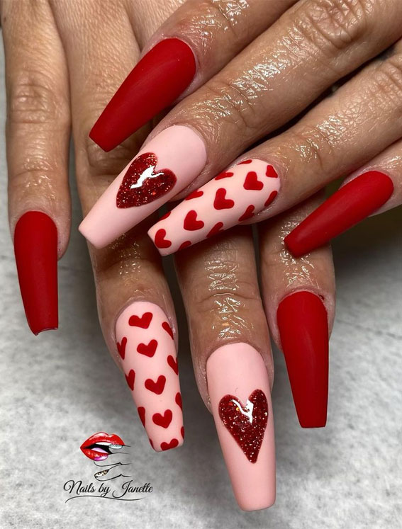 long coffin french nails, french nail tips long, valentines french nails, red hearts nails