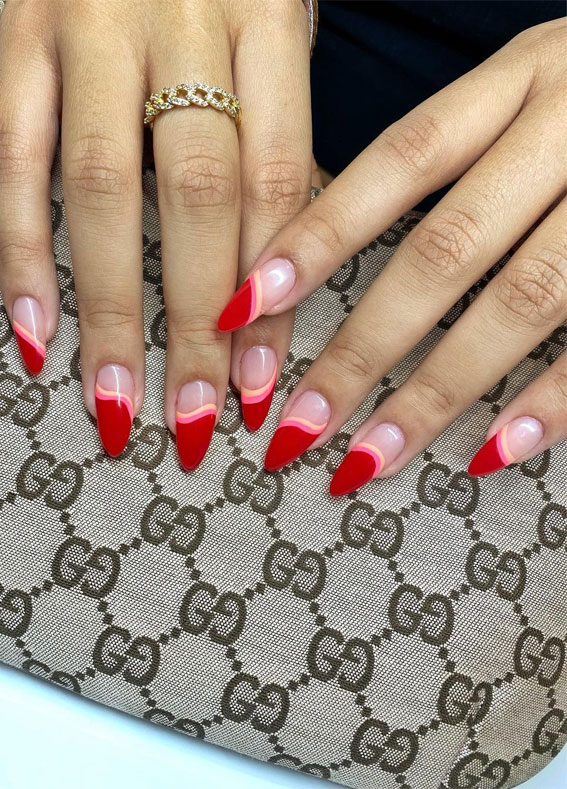 funky red french tips, valentine nails 2021, valentine nails, valentine nails gel, valentine nails acrylic, valentine nail art, valentine nail designs, valentine's day nails, simple heart nail designs, heart french tips, heart tip nails, heart nails 2021