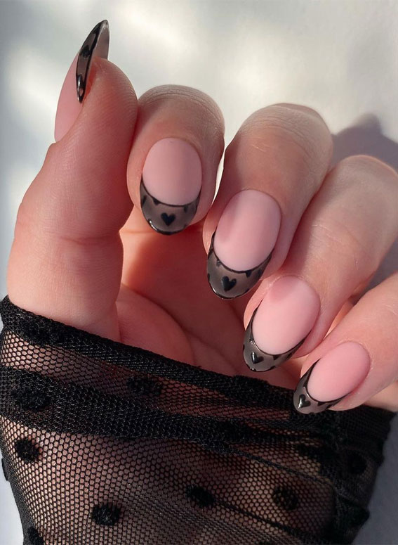 black heart on black french nails, black french tips, nail art ideas 2021, valentines nails