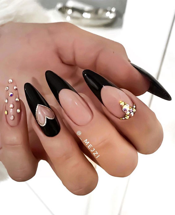 black heart on black french nails, black french tips, nail art ideas 2021, valentines nails