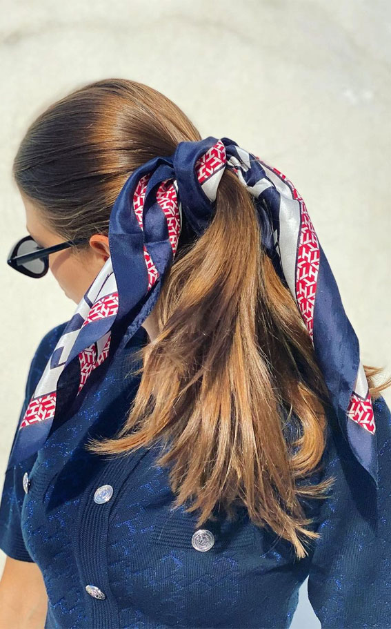 ponytail with hair scarf, hair scarf styles, how to style a hair scarf, 
