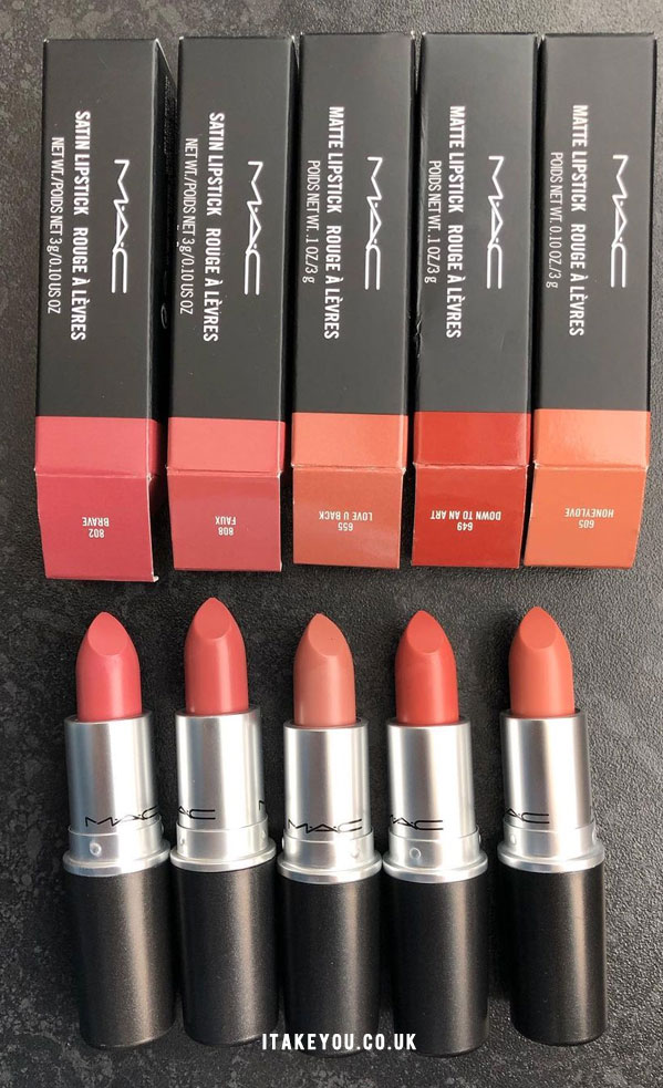 5 Shades of Mac Lipsticks  Mac Brave, Faux, Love U Back, Down to an Art