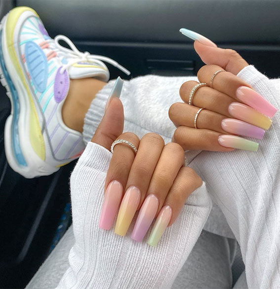 ombre pastel nails, ombre pink nails, white sneakers, white nike air force one, nike air force one