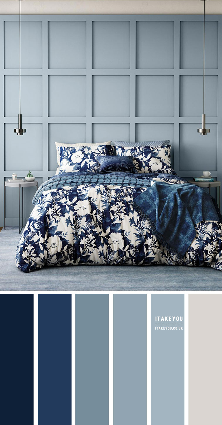 dark blue and blue grey bedroom, blue grey bedroom color scheme, blue grey bedroom, dusty blue bedroom color scheme
