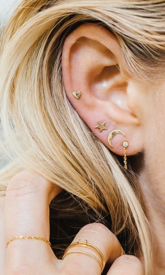 gold hoop earrings, ear stacking set, earring stack sets gold, ear piercings Ideas, ear piercings, earring piercings ideas, perfect ear piercing placement, curated ear piercing trend, curated ear jewelry