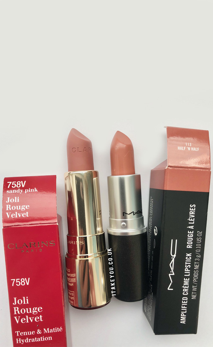 sandy pink clarins vs half n half mac lipstick, mac lipstick , clarins lipstick, sandy pink vs half n half, nude lipstick