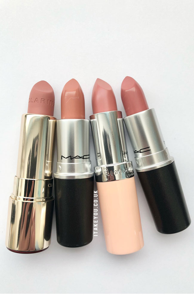 Four nude lipsticks – Clarins, Mac and Rimmel