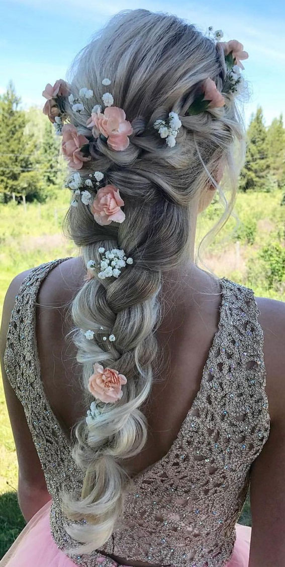 floral rapunzel Braid, prom hairstyles for medium hair, prom hairstyles updo, prom hairstyles, prom hairstyles 2021, prom hairstyles for dark hair, prom hairstyles for short hair, prom hairstyles for black hair #promhairstyles hairstyles for prom 2021, prom hairstyles for long hair 2021