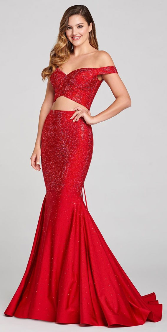 12 Red Prom Dresses For The Wow Look : Shimmery Red Two Piece Mermaid Dress