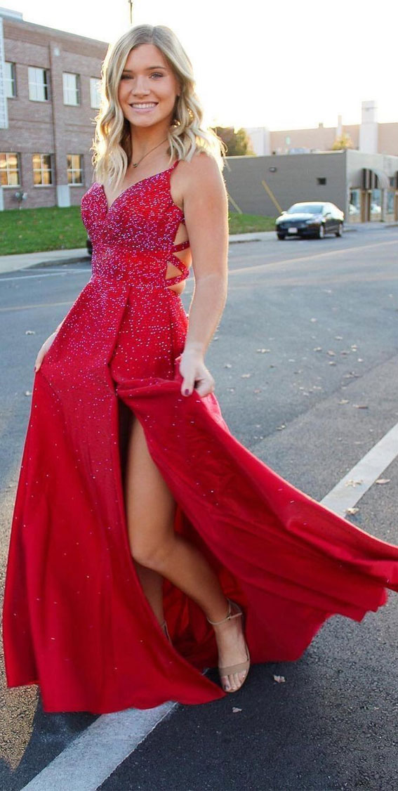 12 Red Prom Dresses For The Wow Look : Red Shimmery Spaghetti Strap Dress