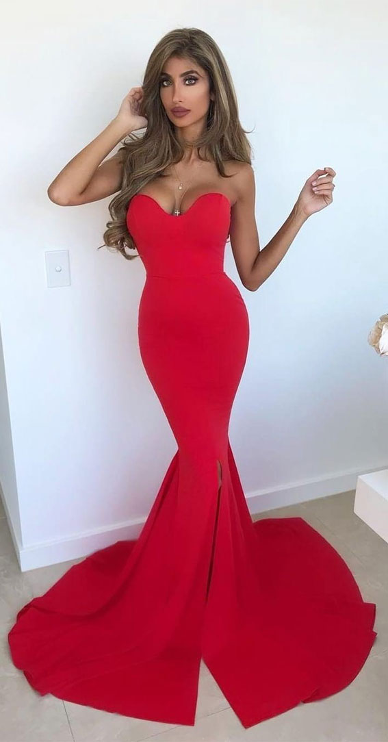 12 Red Prom Dresses For The Wow Look : Strapless Mermaid Red Dress