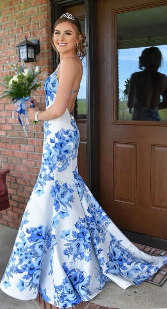 15 Blue Prom Dresses That are Dazzling & Fashionable : Blue Floral Printed Dress