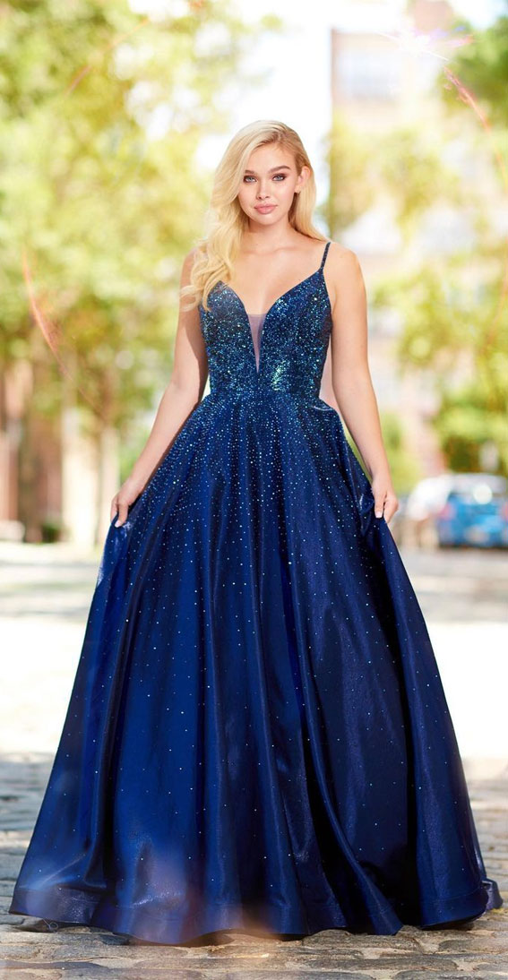 15 Blue Prom Dresses That are Dazzling & Fashionable : A-line Blue Dark