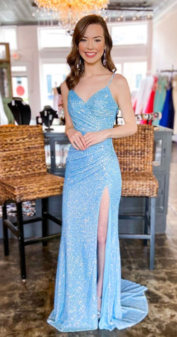 15 Blue Prom Dresses That are Dazzling & Fashionable : Shimmery sky blue dress