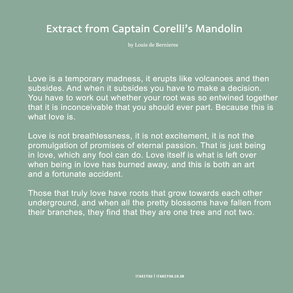 extract from captain corelli’s nandolin – louis de bernieres, captain corelli wedding reading, love is a temporary madness print, captain corelli's mandolin full text, love is what is left when being in love has burned away meaning, captain corelli's mandolin quote love, captain corelli's mandolin poem print, best wedding readings, civil readings