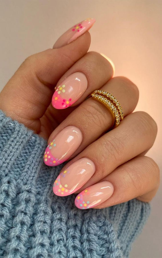 colorful flower french tip nails, french tip nails, summer french nails, summer french tip nails, french tip nails 2021, french tip nails coffin, french tip nails designs, french tip nailsalmond shape, french tip nails with a twist, summer french nails 2021, french manicure with color line